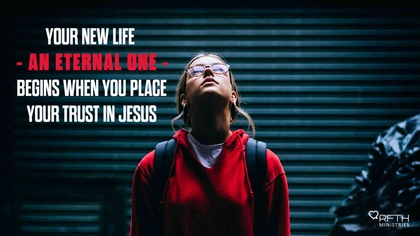 Person looking upward in a red hoodie against a dark striped background; overlaid bold white and red message about trusting Jesus, with a small ministry logo bottom right.